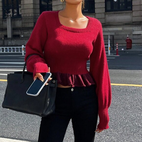 Burgundy Casual Women's Contrast Color Ruffle Trim Lantern Sleeve Sweater - Picture 4 of 9